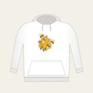 Honeycomb Grid with Bees and Clover Hoodie in white: A hexagonal honeycomb grid with three small bees and tiny clover blossoms in gold and brown.