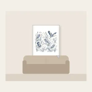 Herons and Reeds in Grey-Blue Fleece Blanket in white: Herons stand among reeds in grey-blue and cream in an all-over pattern.