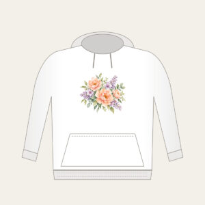 Watercolor Blooms in Peach and Lilac Hoodie in white: Gentle watercolor blooms in peach, lilac and sage bleed softly across white space.