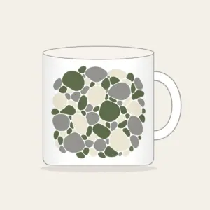 River Stones in Moss and Grey Mug in white: Smooth river stones in moss green, grey and cream are traced with fine white outlines.