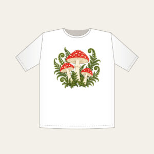 Red Toadstool Trio with Curling Ferns T-Shirt in white: Three red-capped mushrooms with curling ferns in cream, red and moss green.