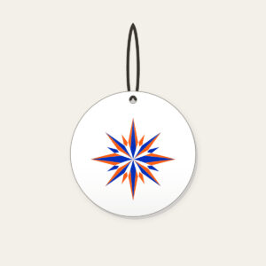 Cobalt Starburst Pattern Ceramic Ornament in white: A starburst pattern in cobalt and orange over a cream field.