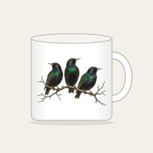 Three Starlings on a Bare Branch Mug in white: Three starlings perch on a bare branch in charcoal and iridescent green on a pale ground.