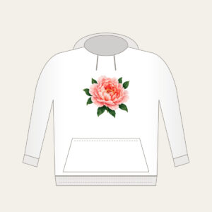Full-Blown Peony with Green Leaves Hoodie in white: A full-blown peony in blush and coral with deep green leaves.