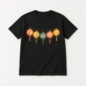 Night Market Lantern Tee with centre chest print of a string of five paper lanterns in coral, gold and teal glowing against the dark fabric