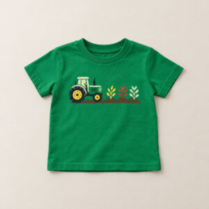 Kelly Green Tractor Row Toddler Tee with compact front chest panel print of a simple tractor beside three rows of sprouting crops in yellow, red and cream
