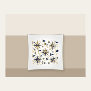 Compass Roses and Pennants Pillow in white: Compass roses and pennants repeat in navy, gold and cream.