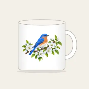 Bluebird on Blossoming Branch Mug in white: A bluebird perches on a blossoming branch in blue, white and green.
