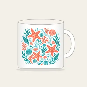 Tide-Pool Starfish Pattern Mug in white: Starfish, small shells and ripples gather in a tide-pool repeat in coral and teal.