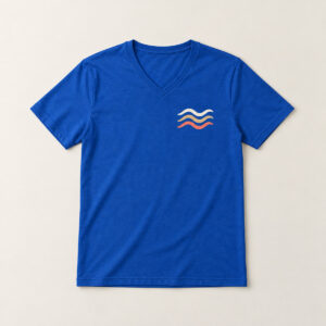 True Royal Wave Dash V-Neck Tee with compact front chest panel print of three parallel wave lines in ivory, sand and coral, slightly offset