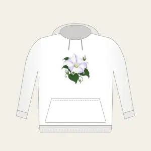 Moonflower on Deep Green Hoodie in white: One large moonflower in white and lavender glows against a deep green ground.