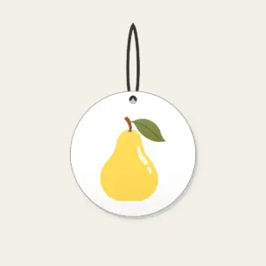 Butter Yellow Pear with Olive Leaf Ceramic Ornament in white: A stylized butter-yellow pear with an olive leaf and a small cream highlight, drawn in a clean, rounded outline.