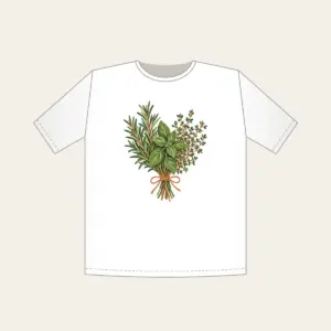 Herb Bundle with String T-Shirt in white: A bundle of rosemary, basil and thyme tied with string in green, cream and terracotta.