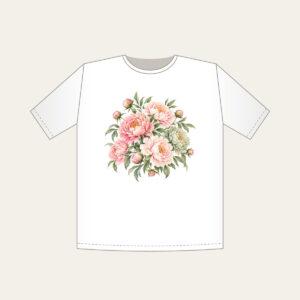 Blush Peony Gradient T-Shirt in white: All-over peonies drift across a gradient from blush to sage, joined by fine leaf lines.