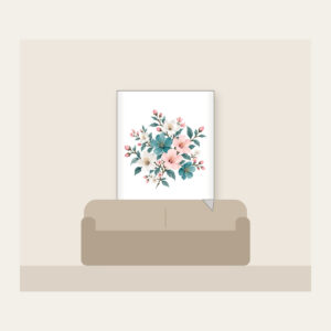 Teal Blossom Scatter Fleece Blanket in white: Small blossoms in teal, white and pale pink scattered across a pale grey ground.