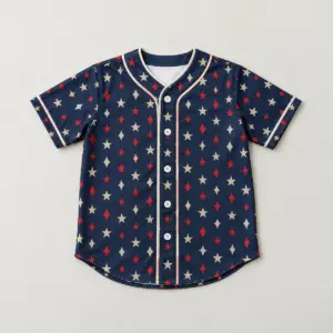 Little Slugger Kids Baseball Jersey with White Buttons with all-over small stars and diamonds in navy, red and cream