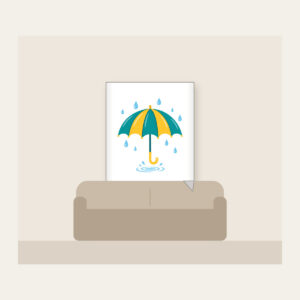 Teal Umbrella and Raindrop Ripple Fleece Blanket in white: An open teal and yellow umbrella with small raindrops and a tiny puddle ripple.