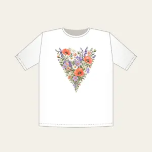 Wildflower Meadow in Coral and Lilac T-Shirt in white: A single tall wildflower meadow in coral, lilac, green and cream narrows to a point at the lower edge.