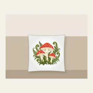 Red Toadstool Trio with Curling Ferns Pillow in white: Three red-capped mushrooms with curling ferns in cream, red and moss green.