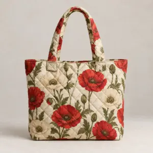 Diamond Poppy Quilted Tote with printed diamond lines with scattered poppies in red, cream and olive