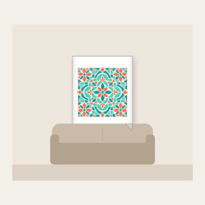 Aqua and Coral Mosaic Tiles Fleece Blanket in white: Mosaic tiles in aqua, coral and cream fit together across the artwork.