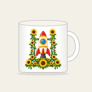 Rocket on Sunflower Launch Pad Mug in white: A toy rocket stands on a launch pad built from sunflowers, ready to blast off.