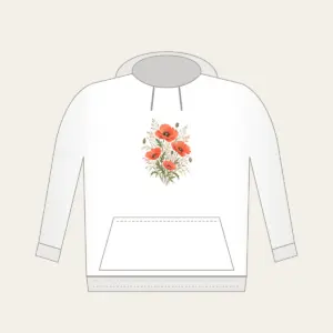 Poppies and Fine Grasses Illustration Hoodie in white: Poppies and fine grasses drawn in coral and olive on a cream ground.