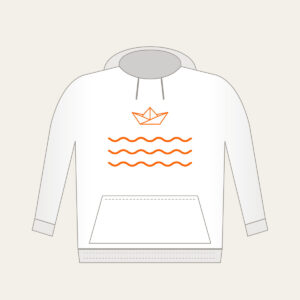 Paper Boat on Ripples Hoodie in white: A folded paper boat on three ripple lines in white and orange.