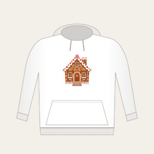 Gingerbread Cottage with Icing Swirls Hoodie in white: A gingerbread-style cottage with white icing swirls and candy dots in brown, white and red.