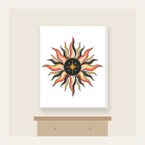 Sunburst Lines on Charcoal with a Small Star Canvas Print in white: Sun lines in coral, gold and white radiate across a charcoal ground, with one small star set off to one side.