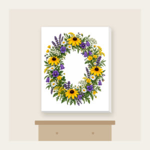 Oval Wildflower Wreath Canvas Print in white: A bold oval wildflower wreath in yellow, purple and green sits at the centre.