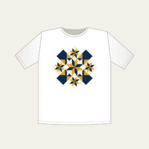 Mustard and Navy Patchwork of Stars T-Shirt in white: A patchwork of stars and diamonds in navy, mustard and cream.