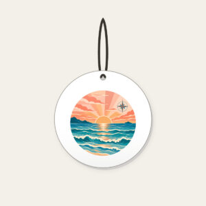 Coastal Sunrise Bands with a Compass Rose Ceramic Ornament in white: Bands of peach, coral and teal show a coastal sunrise, with tiny waves and a small compass rose.