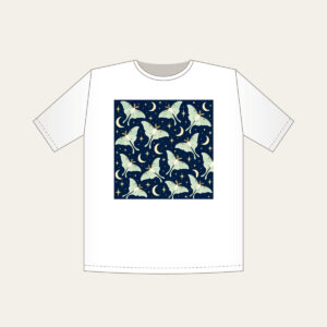 Luna Moths and Crescent Moons on Navy T-Shirt in white: Pale luna moths and crescent moons glow on deep navy among tiny star dots.