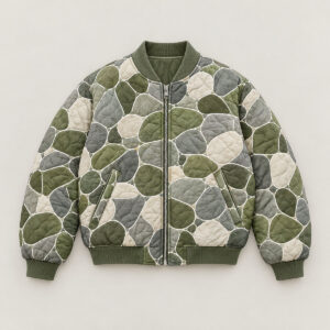 Mossy Stone Quilt Bomber with all-over river stones in moss green, grey and cream with fine white outlines