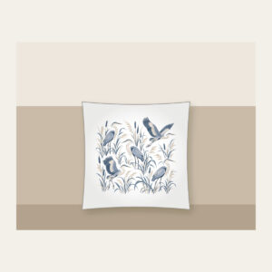 Herons and Reeds in Grey-Blue Pillow in white: Herons stand among reeds in grey-blue and cream in an all-over pattern.
