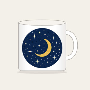 Midnight Stars and Golden Crescent Moon Mug in white: A midnight-blue field with small cream stars and a gold crescent moon.