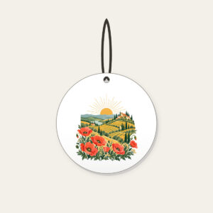 Terraced Hills at Sunrise with Poppies Ceramic Ornament in white: Terraced hills under a rising sun with poppies in the foreground in coral, gold and green.