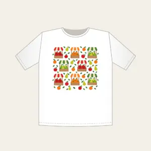 Fruit Crates and Striped Awnings T-Shirt in white: Crates of apples, oranges and pears under striped awnings in red, orange and green on cream, balanced for little ones.