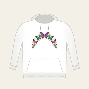 Butterflies Arching Along the Edge Hoodie in white: Violet, teal and gold butterflies arch along a curved edge.