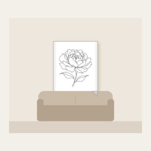 Peony in One Line Fleece Blanket in white: A single peony drawn in one continuous black line with two leaves.