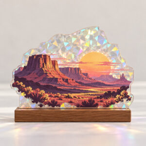Sunset Mesa Hologram Plaque with a layered mesa landscape with a setting sun in coral, plum and gold