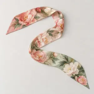 Peony Satin Hair Scarf with all-over peonies on a gradient of blush to sage with fine leaf lines
