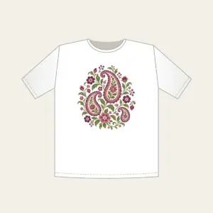 Plum and Olive Paisley Garden T-Shirt in white: A paisley garden pattern with small flowers in plum, rose and olive on cream.