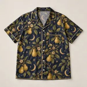 Men's Satin Moonlit Pear Pajama Shirt with all-over pear branches and crescent moons in antique gold, olive and navy