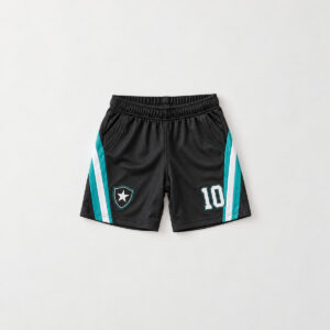 Little Striker Kid Soccer Shorts with a diagonal teal and white stripe down each side of the shorts with a small star crest on the left leg and the number "10" on the right leg