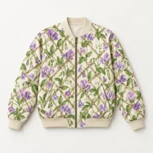 Sweet Pea Trellis Bomber Jacket with all-over lattice trellis with climbing sweet peas in lilac and green on cream