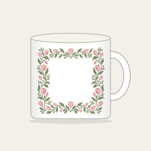 Sage Vine and Tulip Border Mug in white: A border of curling sage vines and blush tulips around an empty center.