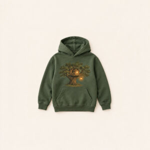 Treehouse Lantern Youth Hoodie with chest print of a treehouse in an oak tree with a glowing lantern in brown, green and amber