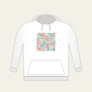 Coral Branch and Fish Scale Mosaic Hoodie in white: An all-over mosaic of coral branches and small fish scales in coral, turquoise and sand.